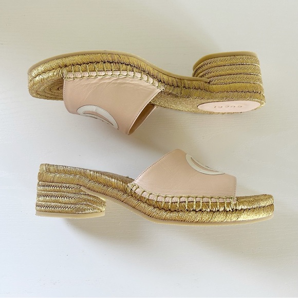 Gucci GG Pink Metallic Gold Espadrille Sandals Mules Slides Size EU 37 - Picture 6 of 13